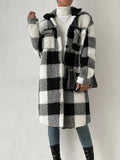 Runhufu Women's Plaids Plush Warm Coats Fashion Winter Fuzzy Fleece Long Jackets Street Long Sleeve Lapel Buttons Outerwear