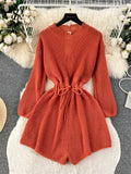 Runhufu Korean Style Casual Bodysuits O Neck Long Sleeves Hollow Out Backless Drawstring Elastic Waist Women Shorts Jumpsuits