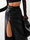 Runhufu Black PU Leather High Waist Pencil Skirts Vintage Grunge Women Streetwear Zipper High Split Bodycon Midi Skirt with Belt