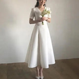 Runhufu Satin Wedding Dresses For Women Classic V-neck Bridal Dress With Short Sleeve Elegant A Line Simple Vestidos De Novia