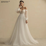 Runhufu Boho Ivory Wedding Dresses For Women 2024 Bride Deep Neck Sexy Full Sleeves A Line Glitter Bridal Gowns Sweep Train New