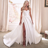 Runhufu Strapless Sleeveless Wedding Dresses For Woman Side Split Bride Gowns A-Line Satin Sweep Train Modern Robe De Mari¨¦e