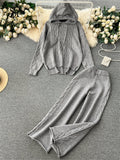 Runhufu Winter Women Warm Knitted Suits Loose Drawstring Hooded Pullover+ Wide Legs Long Pants Fashion Sports Two Piece Sets