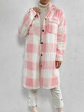 Runhufu Women's Plaids Plush Warm Coats Fashion Winter Fuzzy Fleece Long Jackets Street Long Sleeve Lapel Buttons Outerwear