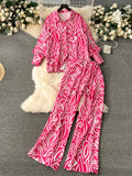Runhufu Women Fashion Printed Suits 2024 Turn-down Collar Loose Blouse+Elastic Wide Leg Long Pants Casual Two Pieces Sets