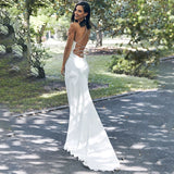 Runhufu Sexy Spaghetti Straps Cowl Neck Micro Wedding Dress 2024 Simple Sleeveless Crepe Mermaid Bridal Gowns Sweep Train