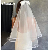 Runhufu White Bow Two Layers Simple Wedding Veils Tulle Short Bridal Veil With Comb Wedding Accessories