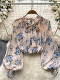 Runhufu Korean Print Chiffon Shirt Bow Neck Long Sleeves Loose Leopard Top Casual Paisley Vintage Floral Blouse Spring 2024