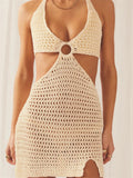 Runhufu Women Summer Halter Knitted Dress Elegant Sleeveless Deep V Cutout Backless Tie Up Short Party Dress Club Streetwear