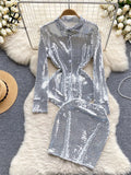 Runhufu American Spring Sequins Two Pieces Sets Senior Lapel Long Sleeves Shirt+Bodycon Mini Skirt Fashion Shiny Sexy Suits