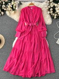 Runhufu Autumn Retro Beach Pleated Dress Women Lantern Sleeve French Single Breasted 2024 Fashion Chiffon A Line Long Dress