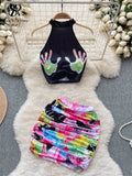 Runhufu Fashion Trend Hotsweet Print Suits Women Halter Sleeveless Top+ Ruched Bodycon Mini Skirt Streetwea Two Pieces Sets