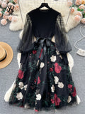 Runhufu Senior Knitted Patchwork Dress Long Lantern Sleeves Bow Mesh Embroidery Floral Women Autumn France Elegant Party Dress
