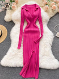 Runhufu Women Korean Knitted Dress Long Sleeve V Neck Elastic Slim Pencil Dresses 2024 Autumn Sexy Bodycon Split Sweater Dress