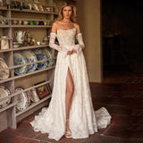 Runhufu Beach Full Lace Wedding Dresses For Bride Removable Long Sleeves Leg Slit Flowers Wedding Gowns Princess Bridal Gowns