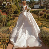 Runhufu Modern Satin Garden Wedding Dresses Portrait Long Sleeve Bridal Gowns Hollow Back Ruffles Train Robe De Soirée De Mariage