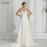 Runhufu Simple Satin Ivory V Neck Wedding Dresses For Women Party Sleeveless Sexy Backless A Line Bride White Bridal Gown Vesti