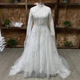 Runhufu Luxury Beaded Long Sleeve Muslim Wedding Dresses High Neck Islamic Hijab Bridal Gown Arabic Dubai Kaftan Vestidos De Novi