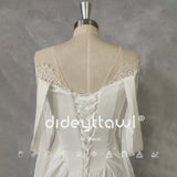 Runhufu Real Picture Elegant Off-Shoulder Lace A-Line Satin Wedding Dress Lace Up Back High Slit Court Train Bridal Gown