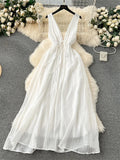 Runhufu French Gentle Holiday Long Dress Summer Deep V-Neck Bandage A-Line Design Female Solid Sleeveless Party Sexy Sundress