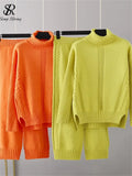 Runhufu Women Casual Fashion Sweater Sets Turtleneck Loose Thick Knit Top+Elastic Wide Leg Long Pants Winter Two Pieces Suits