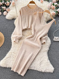 Runhufu Winter Women Knitted Sets Fashion Breading Long Sleeve Pearl Sweater+Knitted Camis Dress Sets Fashion Sweater Suits