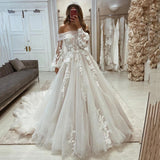 Runhufu Women's Wedding Dresses Lace Decal Sexy Off Shoulder Long Sleeve Princess Prom Bridal Gown Bohemia Fashion Robe De Mariée