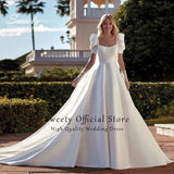Runhufu Mariée Satin Elegant Wedding Dress Puff Sleeves With Square Collar A-line Ball Gown Back Backless Button Custom Made