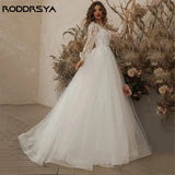 Runhufu Ivory Wedding Dresses Long Sleeve Appliques Lace Up Scoop Neck A-Line Tulle Boho Bride Gown 2024 vestido de noiva Beach