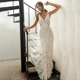 Runhufu Bohemian Spaghetti Straps Sleeveless Beach Wedding Dress For Women 2023 V-Neck Pattern Sexy Beach Illusion Bridal Gown