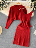 Runhufu Autumn Knitted Dress Suits Women O Neck Long Sleeves Short Pullover+Strap Elastic Dress Korean Sweater Two Pieces Sets