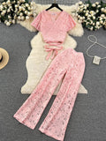 Runhufu High Street Women Lace Slim Two Pieces Suits Summer Lace Up Short Top+Wide Legs Long Pants Set Retro Lace Floral Sets