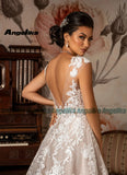 Runhufu Classic V-neck Wedding Gowns for Women Cap Sleeves Lace Appliques Backless Tulle Sweep Train Robe De Soiree De Mariage