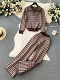 Runhufu American Retro Sweater Suits Zipper Polo Collar Loose Pullover+Wide Legs Long Pants Winter Thick Geometric Women Sets