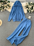 Runhufu Winter Women Warm Knitted Suits Loose Drawstring Hooded Pullover+ Wide Legs Long Pants Fashion Sports Two Piece Sets