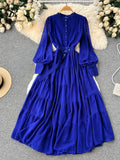 Runhufu Autumn Retro Beach Pleated Dress Women Lantern Sleeve French Single Breasted 2024 Fashion Chiffon A Line Long Dress