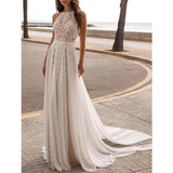 Runhufu Lace Decal Women's Bridal Dresses High Neck Side Split Pleated Sleeveless Sexy Backless Robe Wedding Gowns Beach Robe De