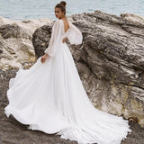 Runhufu Elegant White A-Line Wedding Dresses Puff Sleeve V-Neck Bridal Gowns Boho Beach Lace High Split Wedding Prom Gowns Plus Size
