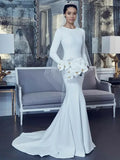 Runhufu Elegant O-Neck Long Sleeve Button Satin Wedding Dresses 2024 Pleated White Sweep Train Mermaid Bridal Gowns for Women