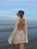 Runhufu Backless Tie-up Hollow Out Beach Dress Women Long Sleeve Round Neck Knitted Crochet Mini Dress Bikini Cover-ups