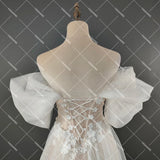 Runhufu High Split A Line Appliques Wedding Dress Lace Up Off Shoulder Real Photos Crisscross Rustic Maxi Bridal Gowns