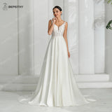 Runhufu V Neck Sexy Backless Satin Ivory Wedding Dresses For Women Sleeveless 2024 Lace Bodice Sweep Train Boho Bridal Gown