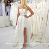 Runhufu Boho Satin Wedding Dresses with Overcoat Ivory Front Slit Bride Dress Church Bridal Gown Plus Size Robe de Mariee