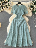 Runhufu French Vintage Casual Lace Dress O Neck Butterfly Sleeve Zipper Hook Flower Hollow Fashion Slim Embroidery Long Dress