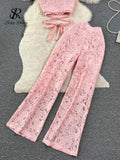 Runhufu High Street Women Lace Slim Two Pieces Suits Summer Lace Up Short Top+Wide Legs Long Pants Set Retro Lace Floral Sets