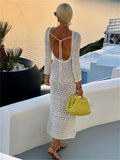 Runhufu Backless Tie Up Knit Crochet Beach Long Dress Women Fall Spring Hollow-Out O-Neck Wrap Bodycon Dress Holiday Party Wear