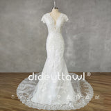 Runhufu Real Picture Deep V-Neck Appliques Cap Sleeves Tulle Mermaid Wedding Dress Illusion Back Court Train Bridal Gown