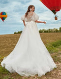 Runhufu Exquisite Puffy Sleeve A Line Wedding Dresses Jewel Neck Lace Appliques Bridal Gown Bohemian Sweep Train Robe De Mariee