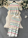Runhufu Summer Knit Casual Two Pieces Sets Women Loose Short Camisole+ Skinny Long Dress Retro Stripe Hollow Out Design Suit