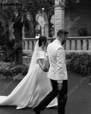 Runhufu V-Neck Off The Shoulder Wedding Mermaid Dress Sleeveless Satin Bohemian Bride Gown Traped Train Vestido De Novia
